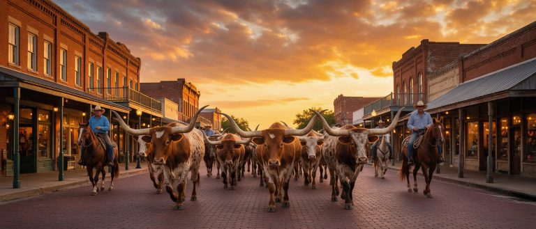 Texas longhorn cattle drive, Fort Worth Stockyards