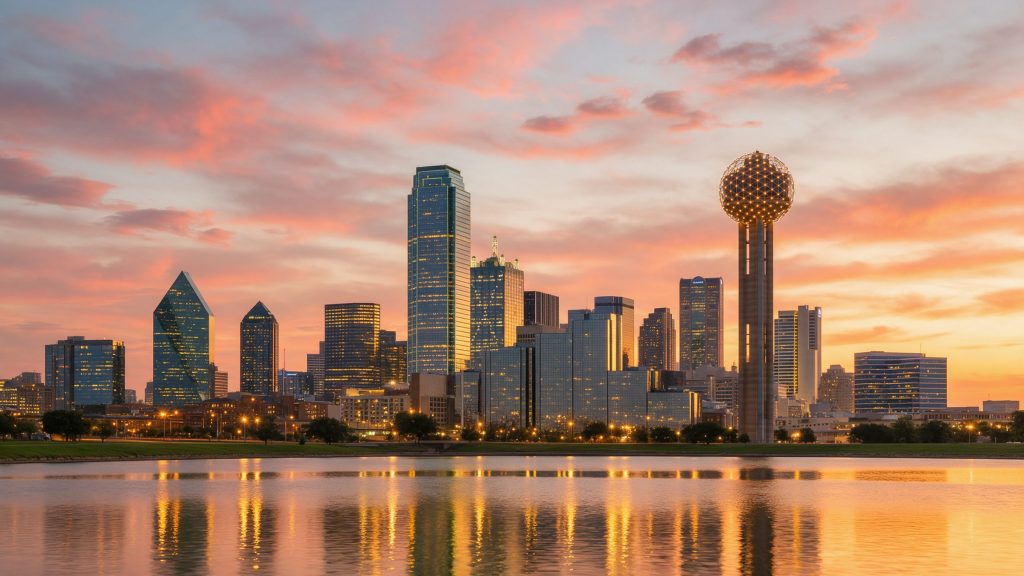 Dallas skyline at sunset with Reunion Tower