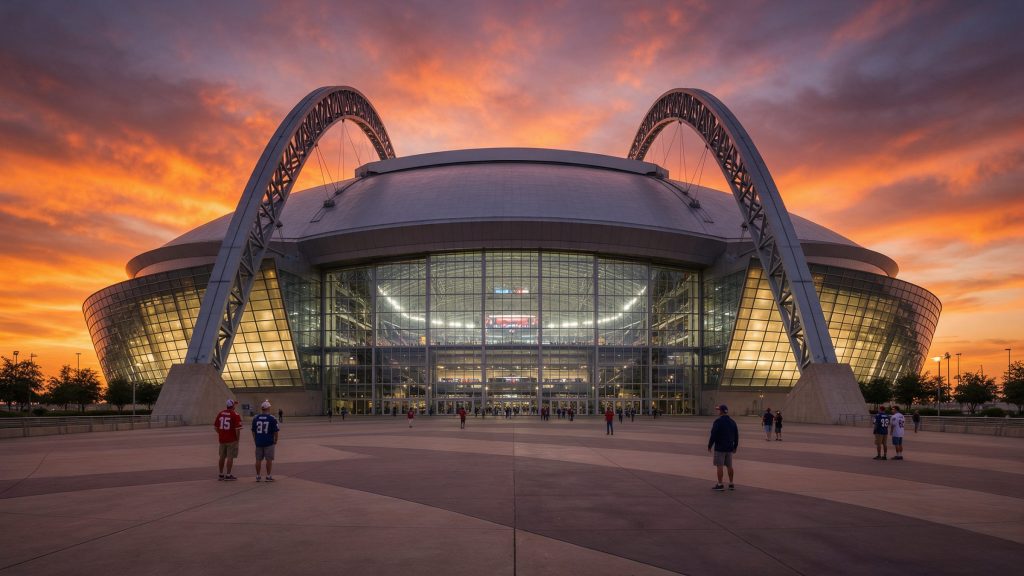 Football stadium in Arlington at sunset
